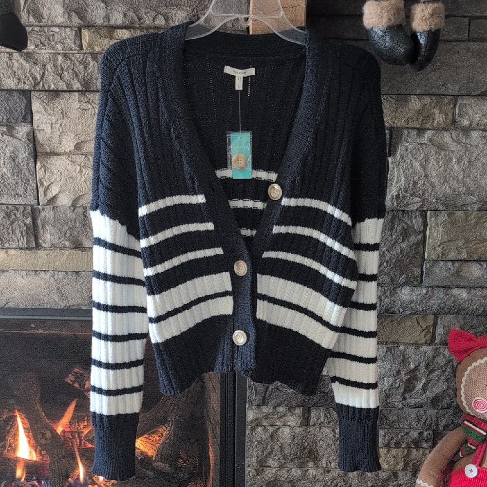 Navy and White Chunky Knit Cardigan Sweater